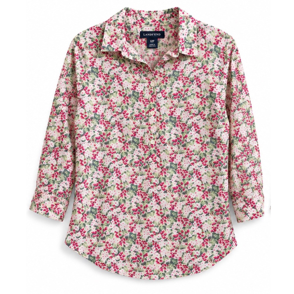 Lands End Womens Pink Green Floral 3/4 Sleeve Button Up Shirt Blouse 12P